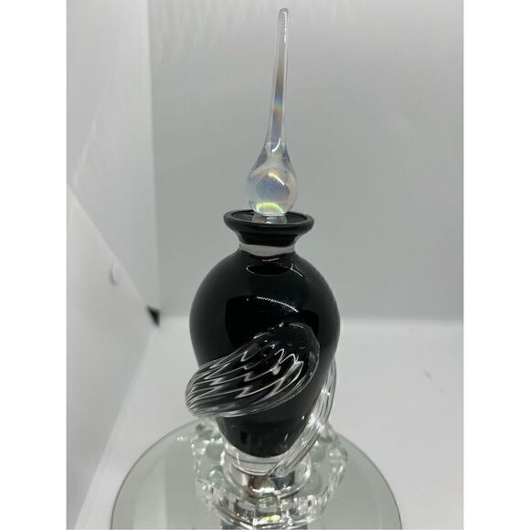 Studio Art Glass Handblown Black & Applied Glass Perfume Bottle w/Dauber 6 3/4" - Picture 1 of 13